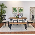 Roundhill Furniture Arroyo Dining Set, Hairpin Dining Table with 4 Cross-back Chairs and Bench, Rich Black, 6-Piece
