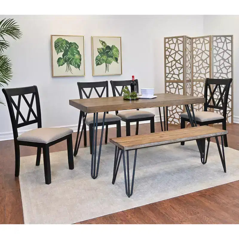 Ensemble de salle à manger Roundhill Furniture Arroyo, table à manger avec pieds épingles, 4 chaises à dossier croisé et banc, noir intense, 6 pièces