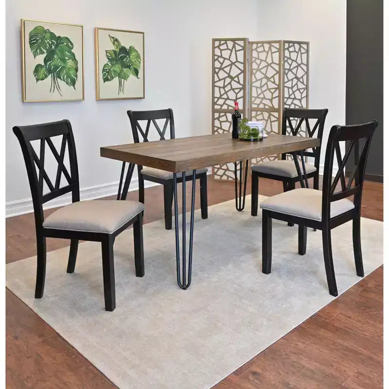 Ensemble de salle à manger Roundhill Furniture Arroyo, table à manger avec pieds épingles, 4 chaises à dossier croisé et banc, noir intense, 6 pièces