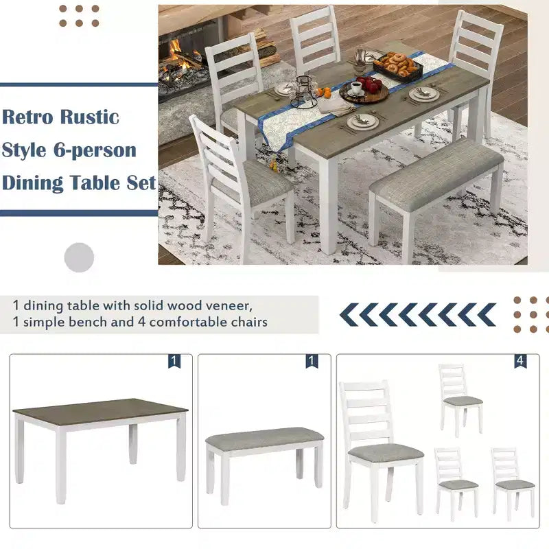 Ensemble de salle à manger Whisen de style rustique 6 pièces avec 4 chaises rembourrées et 1 banc