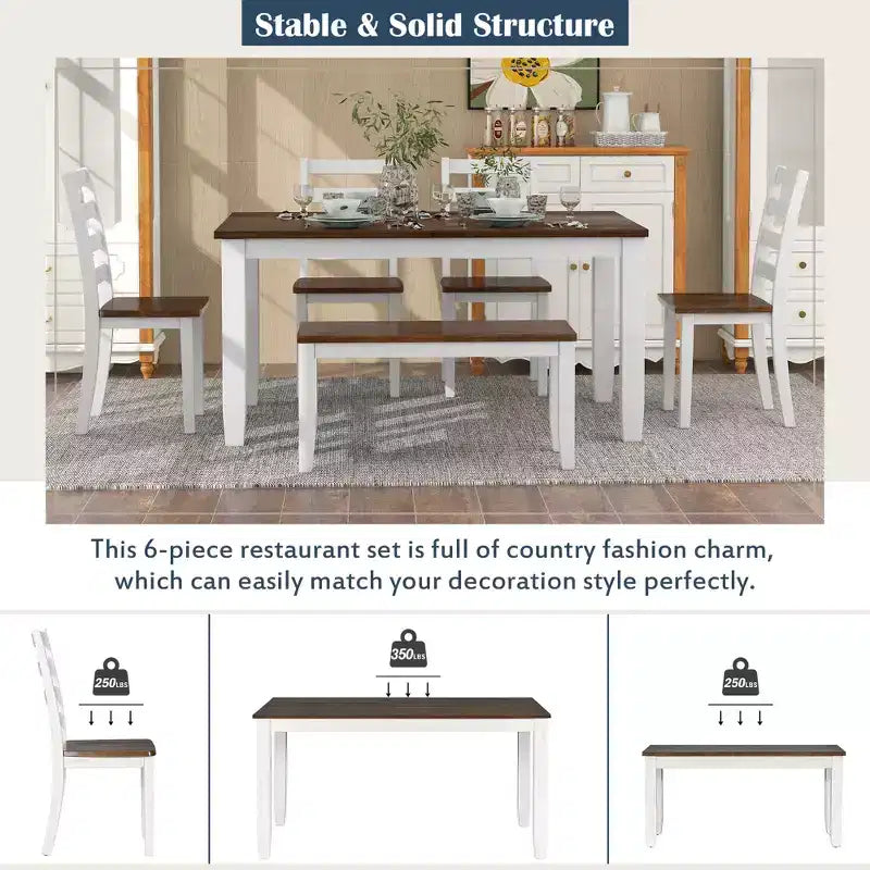 Ensemble de salle à manger Whisen de style rustique 6 pièces avec 4 chaises rembourrées et 1 banc