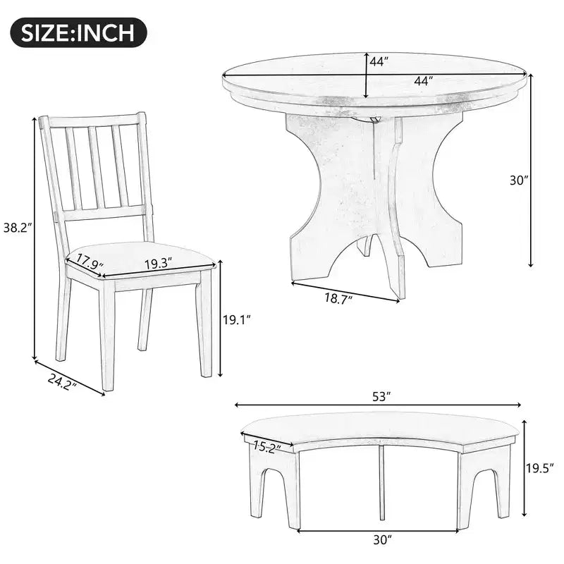 Ensemble de salle à manger rond 5 pièces Whisen Rustic Charm avec 3 chaises rembourrées et un banc incurvé pour salle à manger, cuisine