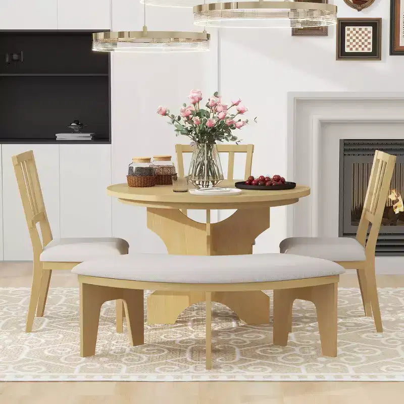 Ensemble de salle à manger rond 5 pièces Whisen Rustic Charm avec 3 chaises rembourrées et un banc incurvé pour salle à manger, cuisine