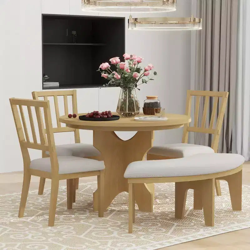 Ensemble de salle à manger rond 5 pièces Whisen Rustic Charm avec 3 chaises rembourrées et un banc incurvé pour salle à manger, cuisine
