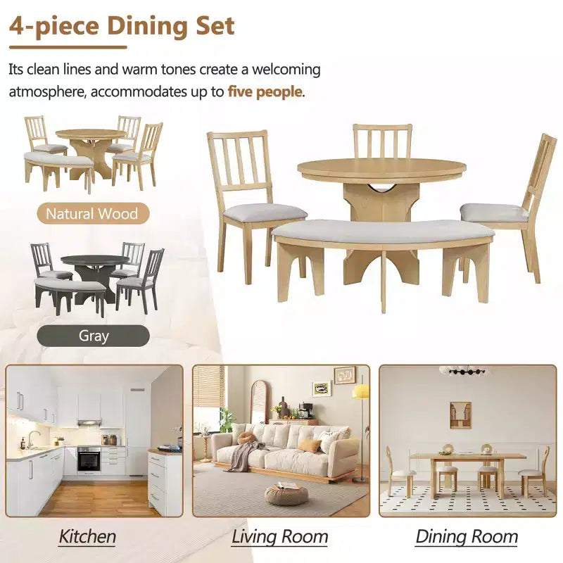 Ensemble de salle à manger rond 5 pièces Whisen Rustic Charm avec 3 chaises rembourrées et un banc incurvé pour salle à manger, cuisine