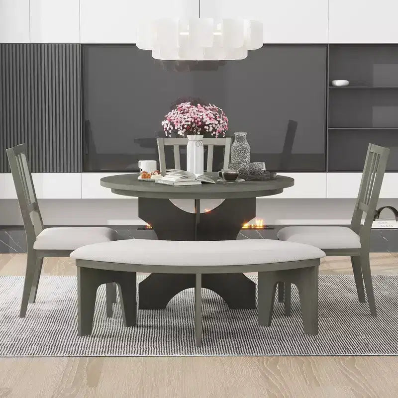 Ensemble de salle à manger rond 5 pièces Whisen Rustic Charm avec 3 chaises rembourrées et un banc incurvé pour salle à manger, cuisine