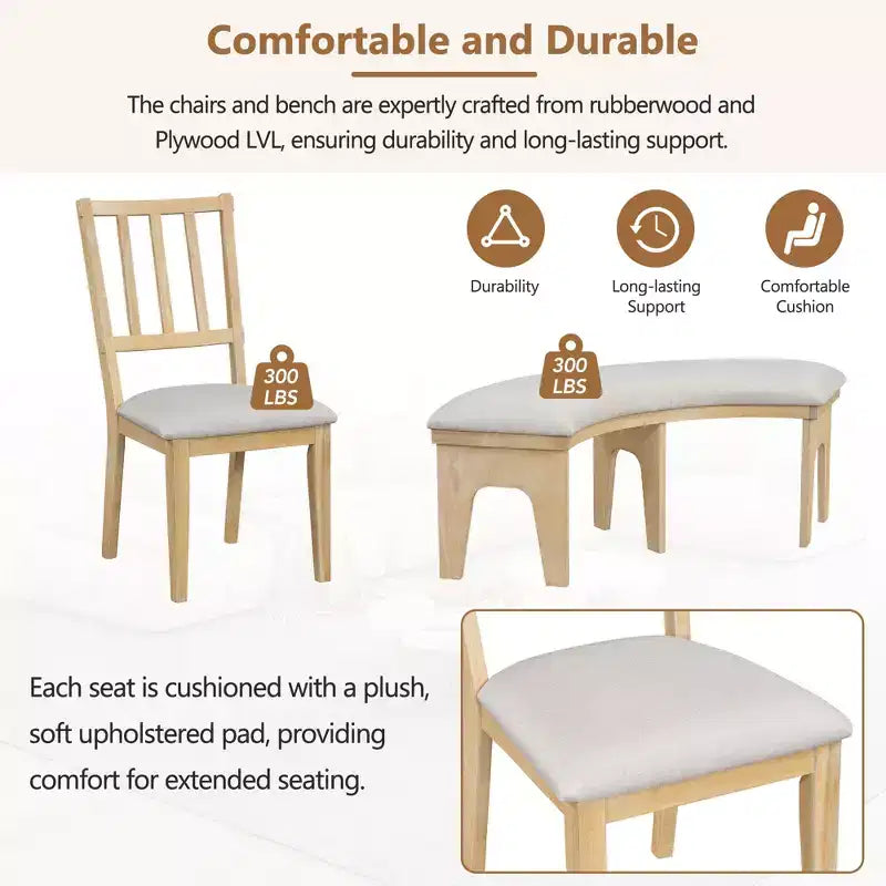 Ensemble de salle à manger rond 5 pièces Whisen Rustic Charm avec 3 chaises rembourrées et un banc incurvé pour salle à manger, cuisine