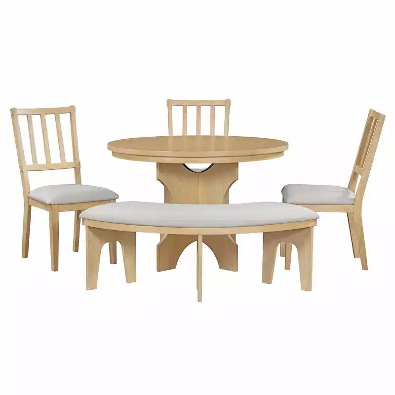 Ensemble de salle à manger rond 5 pièces Whisen Rustic Charm avec 3 chaises rembourrées et un banc incurvé pour salle à manger, cuisine