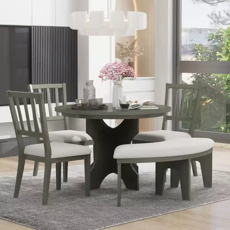 Ensemble de salle à manger rond 5 pièces Whisen Rustic Charm avec 3 chaises rembourrées et un banc incurvé pour salle à manger, cuisine