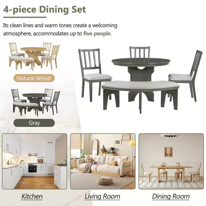 Ensemble de salle à manger rond 5 pièces Whisen Rustic Charm avec 3 chaises rembourrées et un banc incurvé pour salle à manger, cuisine