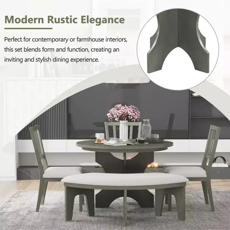 Ensemble de salle à manger rond 5 pièces Whisen Rustic Charm avec 3 chaises rembourrées et un banc incurvé pour salle à manger, cuisine
