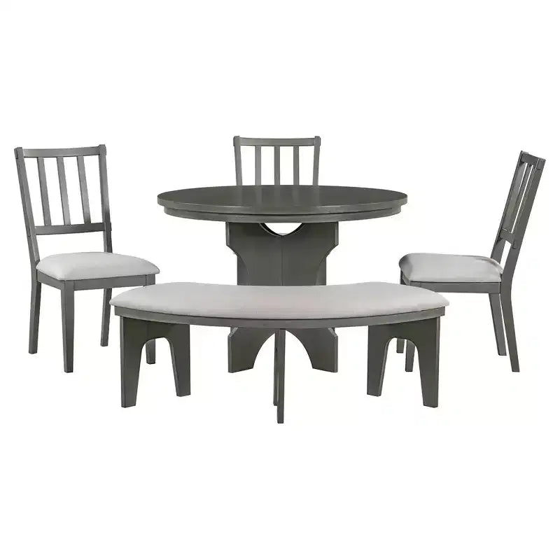 Ensemble de salle à manger rond 5 pièces Whisen Rustic Charm avec 3 chaises rembourrées et un banc incurvé pour salle à manger, cuisine