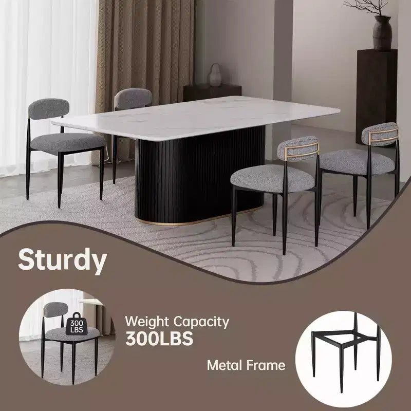 Ensemble de salle à manger moderne 5 pièces, table à manger en faux marbre avec chaises sans accoudoirs en tissu bouclé grises pour la cuisine - Morden Fort