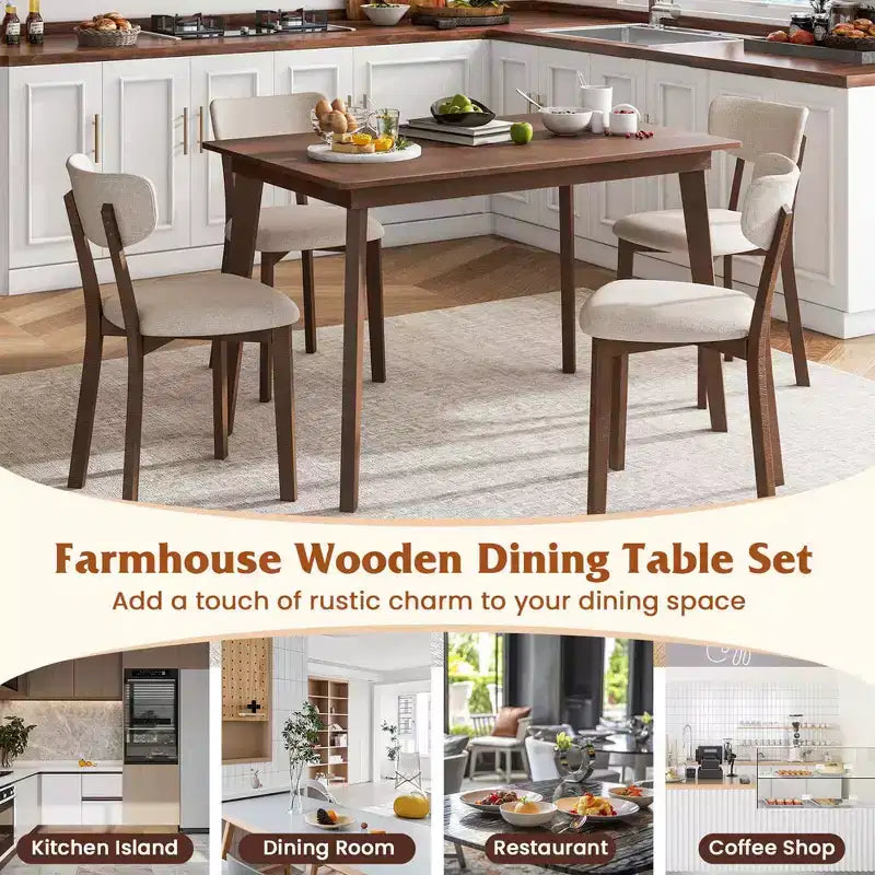 Ensemble table de salle à manger 5 pièces Costway pour 4 personnes, table en bois de style ferme et 4 chaises rembourrées