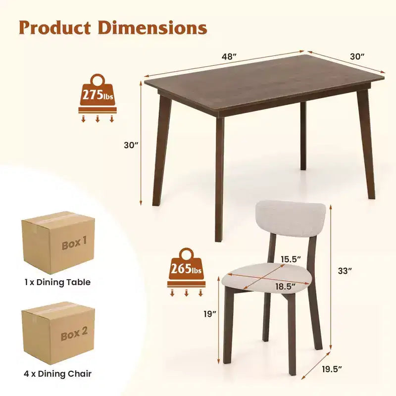 Ensemble table de salle à manger 5 pièces Costway pour 4 personnes, table en bois de style ferme et 4 chaises rembourrées