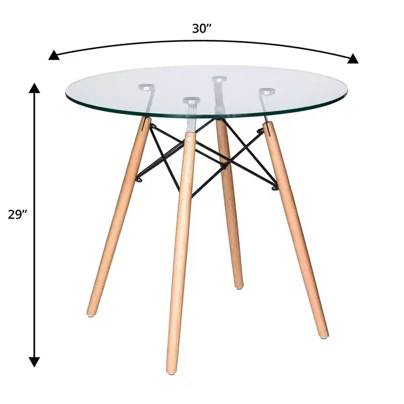 Ensemble de salle à manger 3 pièces Dover de LeisureMod – Table de bistrot ronde en verre transparent de 31 po avec 2 chaises en acrylique avec pieds en bois, cuisine et salle à manger modernes