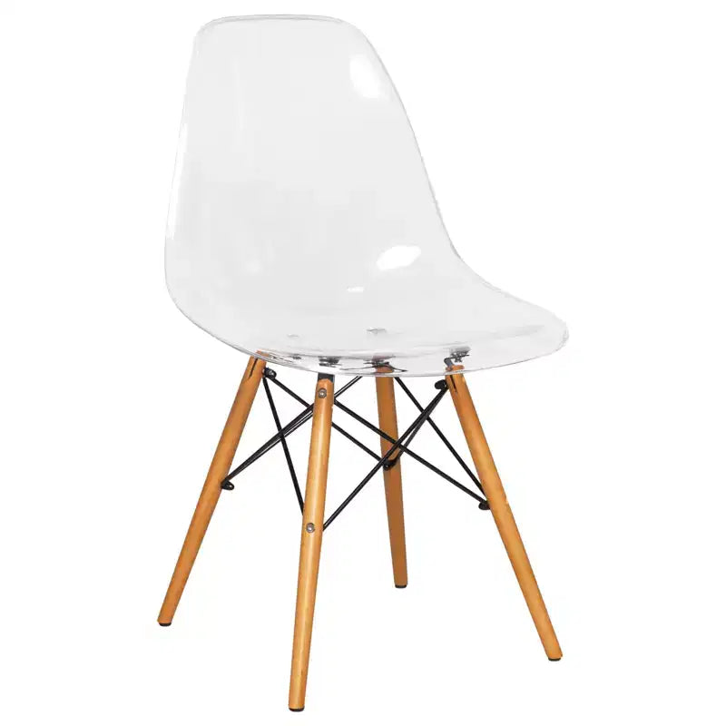 Ensemble de salle à manger 3 pièces Dover de LeisureMod – Table de bistrot ronde en verre transparent de 31 po avec 2 chaises en acrylique avec pieds en bois, cuisine et salle à manger modernes