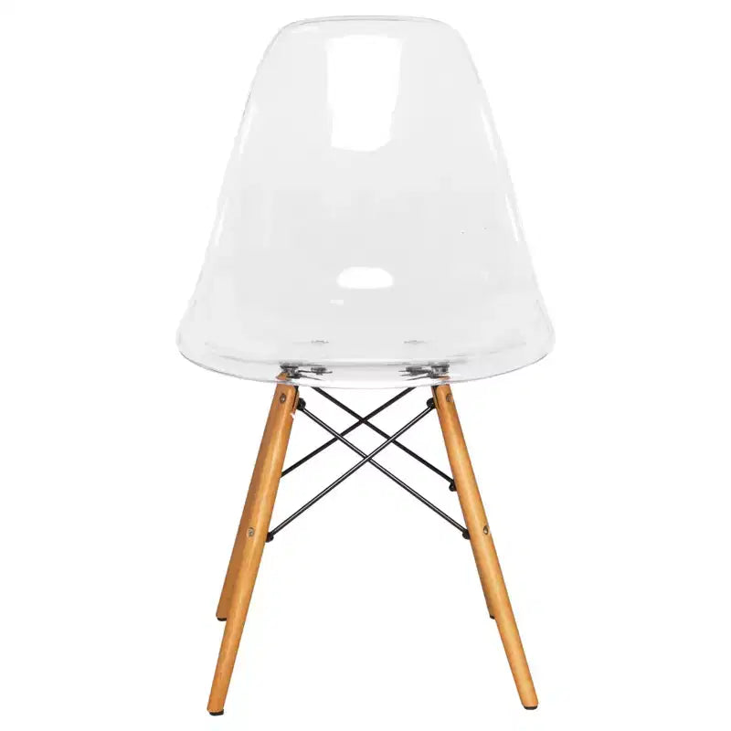 Ensemble de salle à manger 3 pièces Dover de LeisureMod – Table de bistrot ronde en verre transparent de 31 po avec 2 chaises en acrylique avec pieds en bois, cuisine et salle à manger modernes