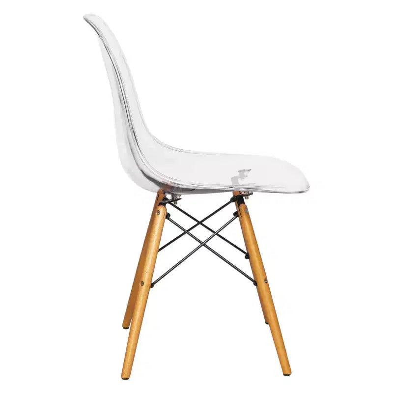 Ensemble de salle à manger 3 pièces Dover de LeisureMod – Table de bistrot ronde en verre transparent de 31 po avec 2 chaises en acrylique avec pieds en bois, cuisine et salle à manger modernes