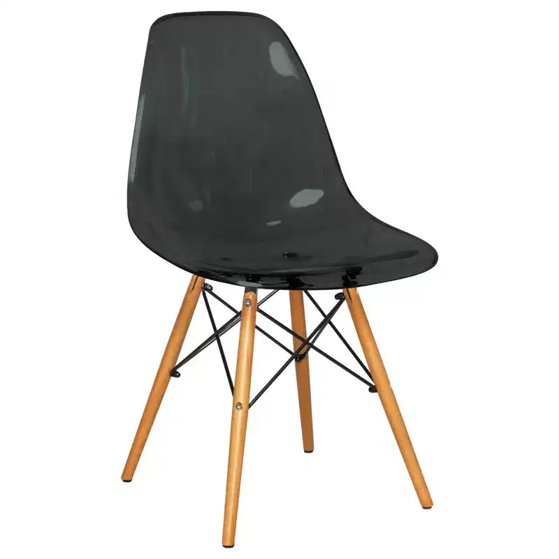 Ensemble de salle à manger 3 pièces Dover de LeisureMod – Table de bistrot ronde en verre transparent de 31 po avec 2 chaises en acrylique avec pieds en bois, cuisine et salle à manger modernes