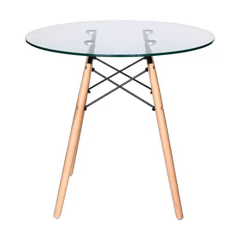Ensemble de salle à manger 3 pièces Dover de LeisureMod – Table de bistrot ronde en verre transparent de 31 po avec 2 chaises en acrylique avec pieds en bois, cuisine et salle à manger modernes
