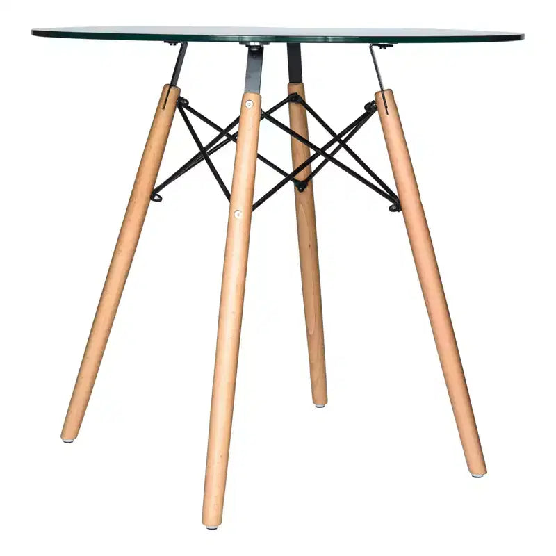 Ensemble de salle à manger 3 pièces Dover de LeisureMod – Table de bistrot ronde en verre transparent de 31 po avec 2 chaises en acrylique avec pieds en bois, cuisine et salle à manger modernes