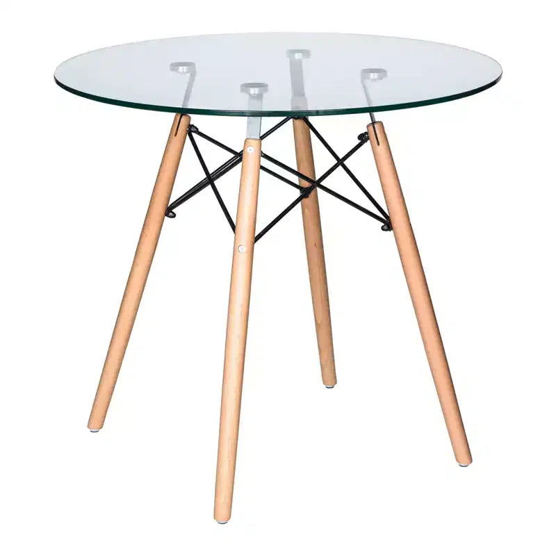 Ensemble de salle à manger 3 pièces Dover de LeisureMod – Table de bistrot ronde en verre transparent de 31 po avec 2 chaises en acrylique avec pieds en bois, cuisine et salle à manger modernes