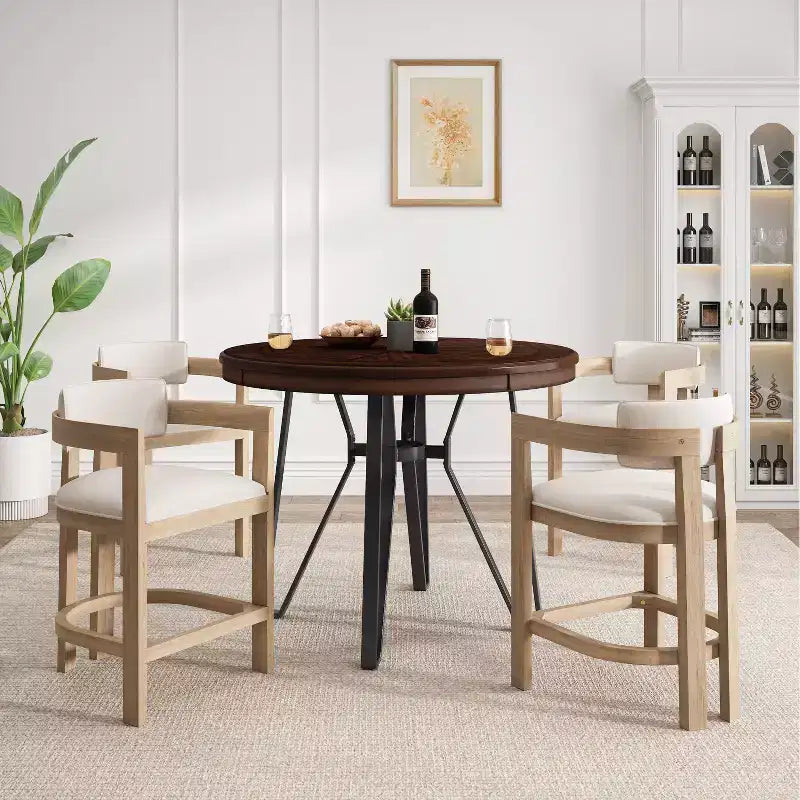 Christopher Knight Home Netia, ensemble de salle à manger moderne 5 pièces en métal et hévéa, hauteur comptoir, brun naturel