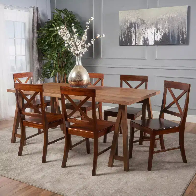 Christopher Knight Home Ensemble de salle à manger 7 pièces en bois d'acacia de style fermette Marseille avec chaises acajou foncé
