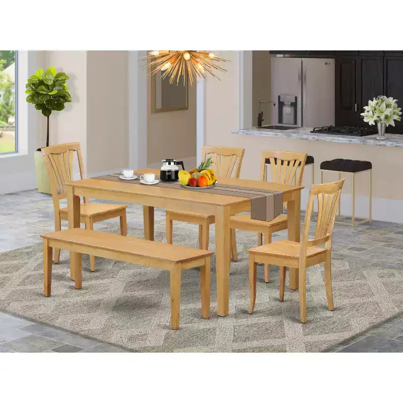 HomeStock Oak Rectangle Dining Table Set with 4 Chairs and Bench