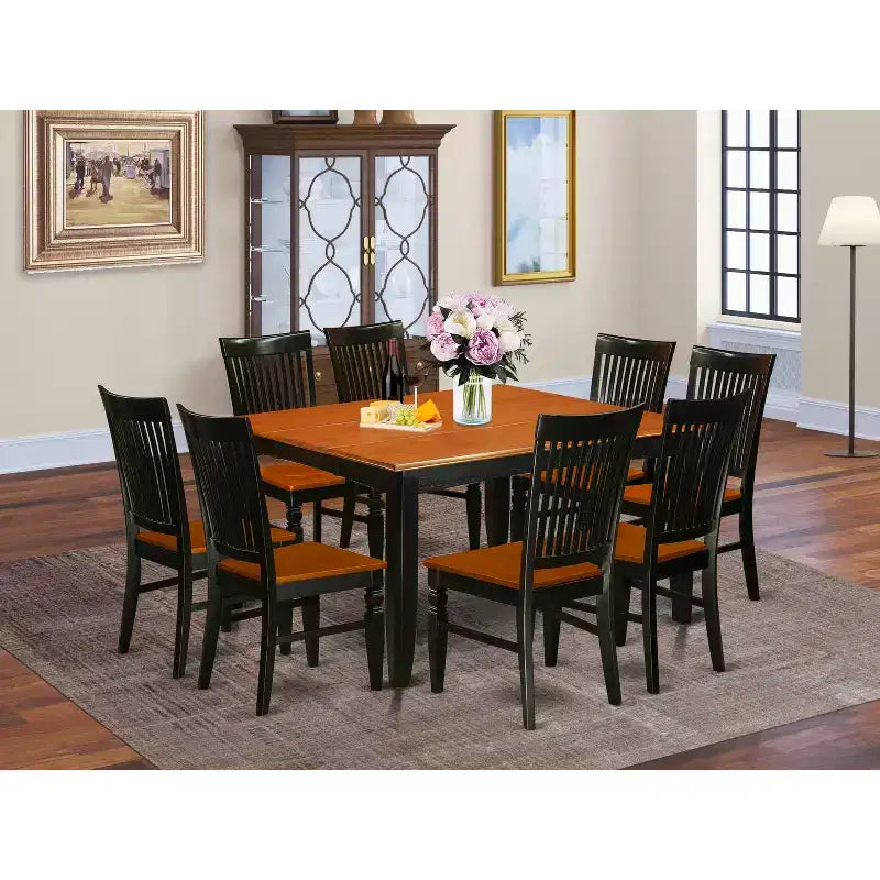 Modern 9 Piece Dining Set Square Table 8 Chairs Black Cherry Finish 54x54 Inch
