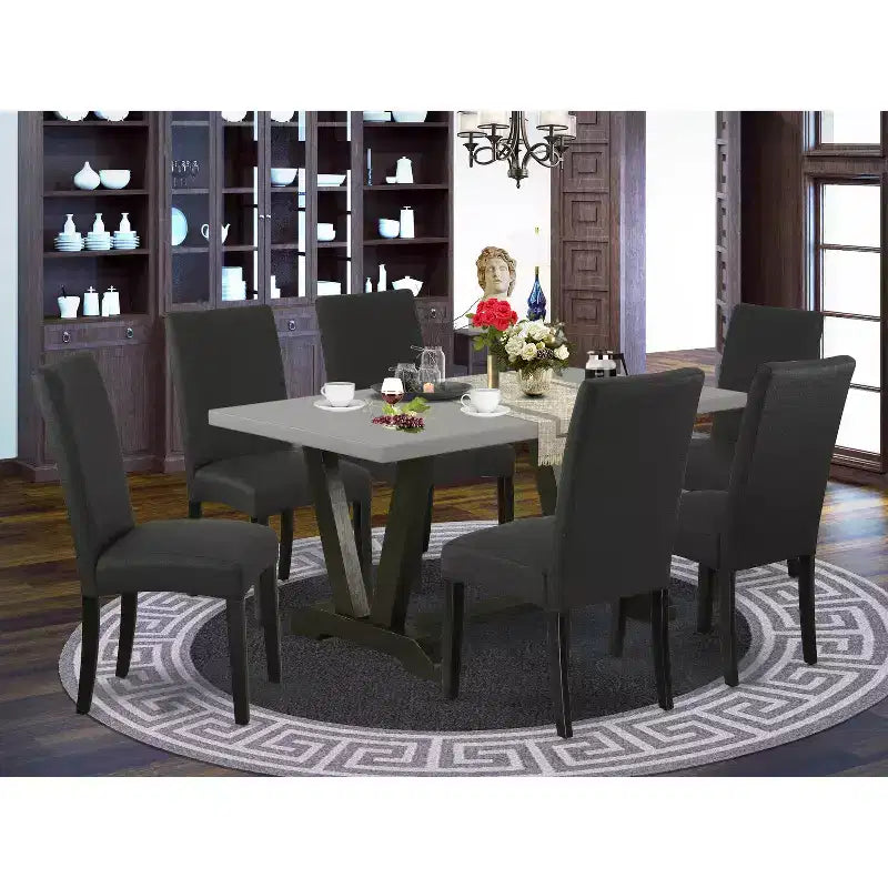 HomeStock 7 Piece Multi-Color Rectangle Dining Room Table Set with Linen Fabric Chairs