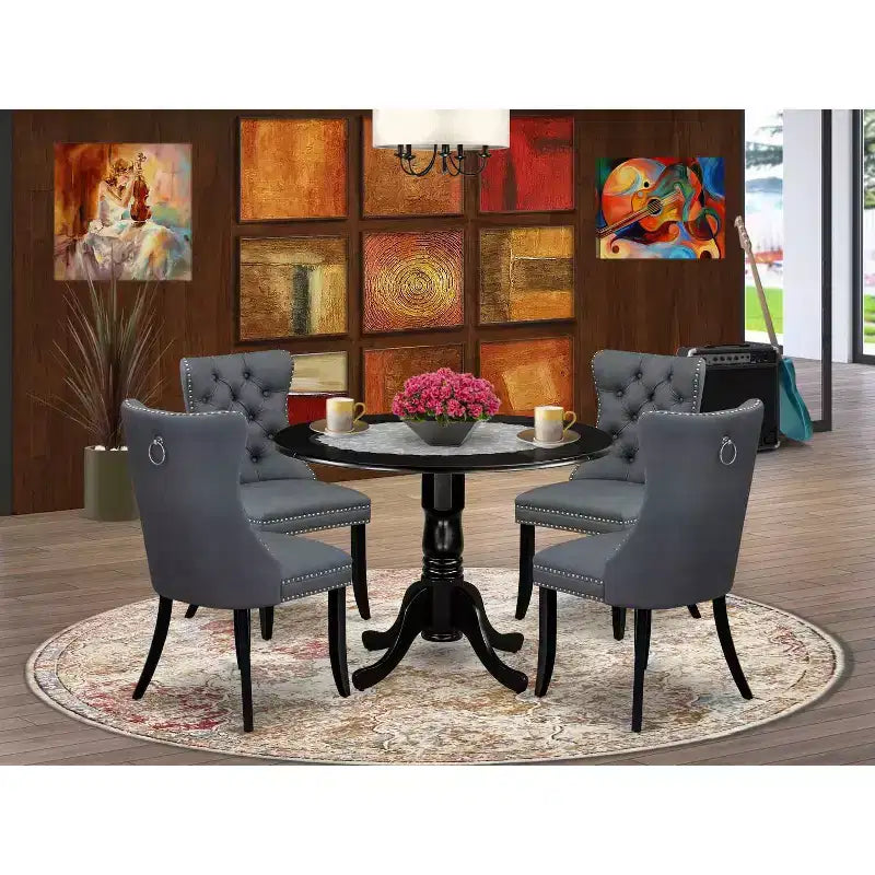 HomeStock Round Kitchen Dining Set Black Button Tufted Style