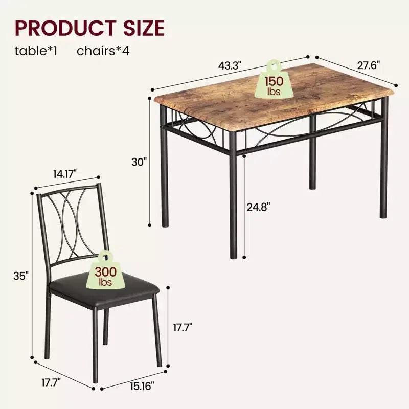 Ensemble Table à Manger et Chaises, Table de Cuisine pour 4 Personnes, Ensemble de Salle à Manger en Bois de 4 Pièces avec 4 Chaises, Table Rectangulaire de Cuisine pour Petits Espaces