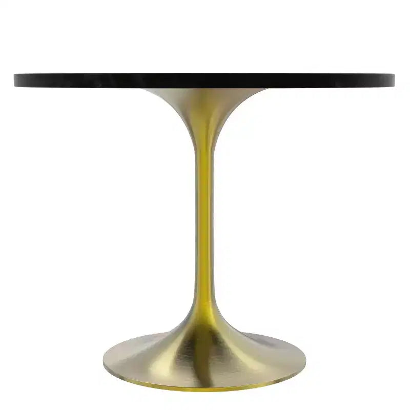 Ensemble de salle à manger LeisureMod 5 pièces - Table à manger ronde 36 po avec dessus en MDF noir et base dorée, 4 chaises de salle à manger en velours avec pieds en acier noir