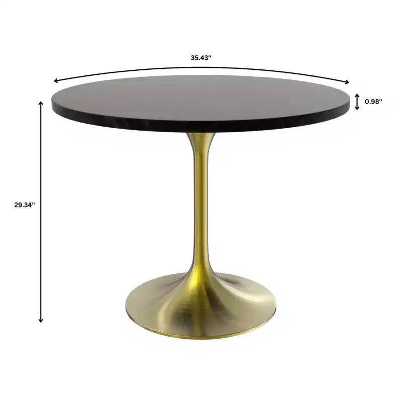 Ensemble de salle à manger LeisureMod 5 pièces - Table à manger ronde 36 po avec dessus en MDF noir et base dorée, 4 chaises de salle à manger en velours avec pieds en acier noir