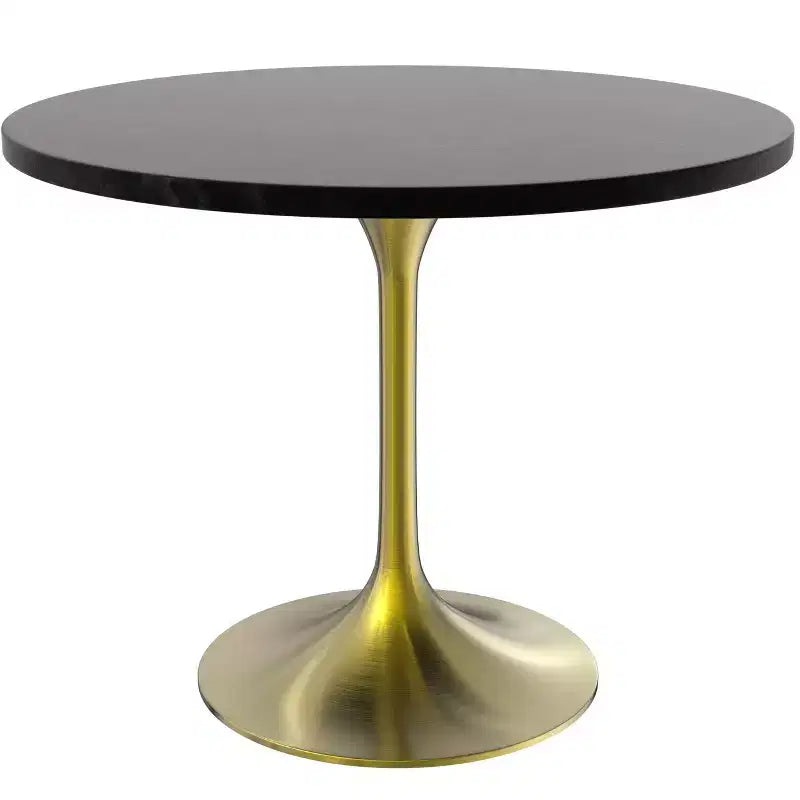 Ensemble de salle à manger LeisureMod 5 pièces - Table à manger ronde 36 po avec dessus en MDF noir et base dorée, 4 chaises de salle à manger en velours avec pieds en acier noir