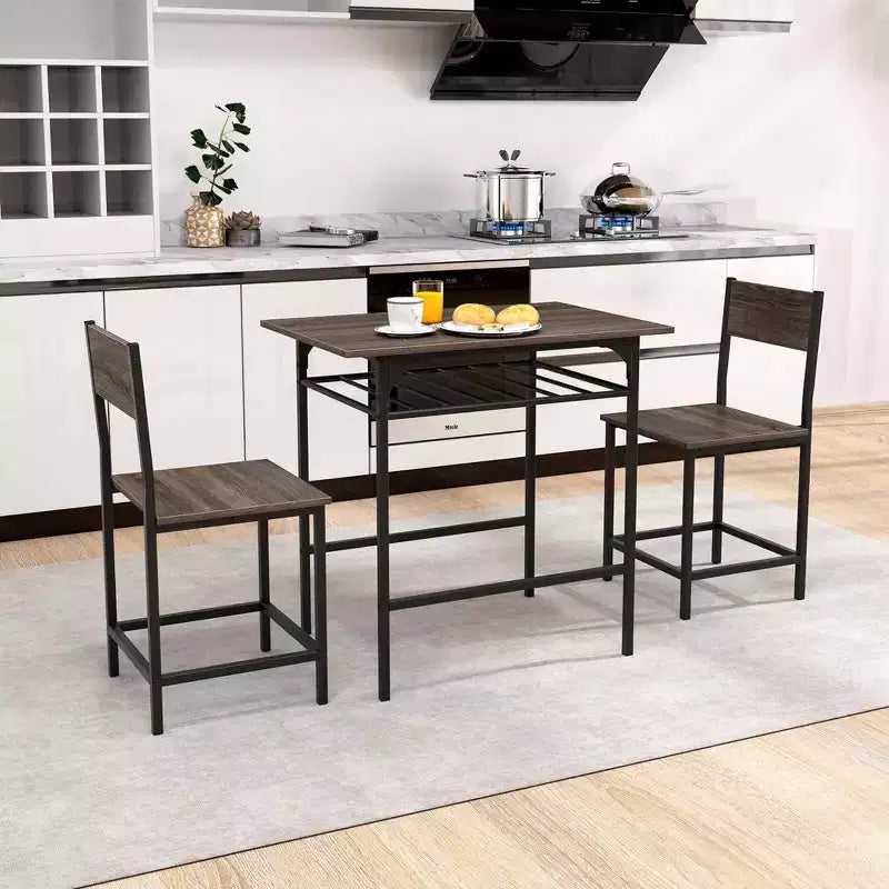 Costway Ensemble table et chaises de salle à manger rectangulaire 3 pièces en bois avec cadre en métal marron/gris