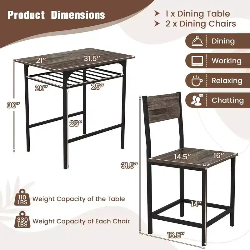 Costway Ensemble table et chaises de salle à manger rectangulaire 3 pièces en bois avec cadre en métal marron/gris