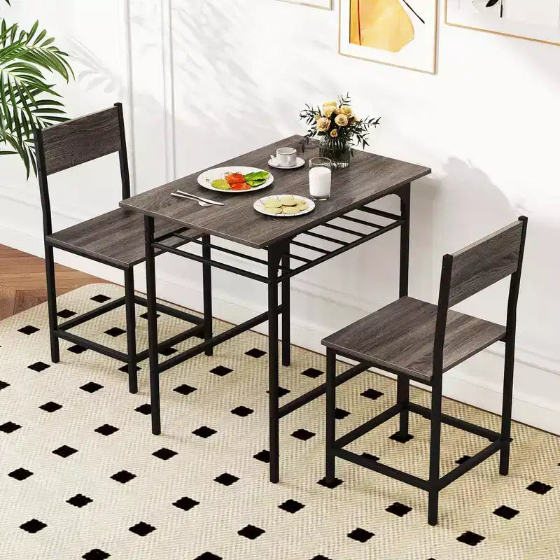 Costway Ensemble table et chaises de salle à manger rectangulaire 3 pièces en bois avec cadre en métal marron/gris