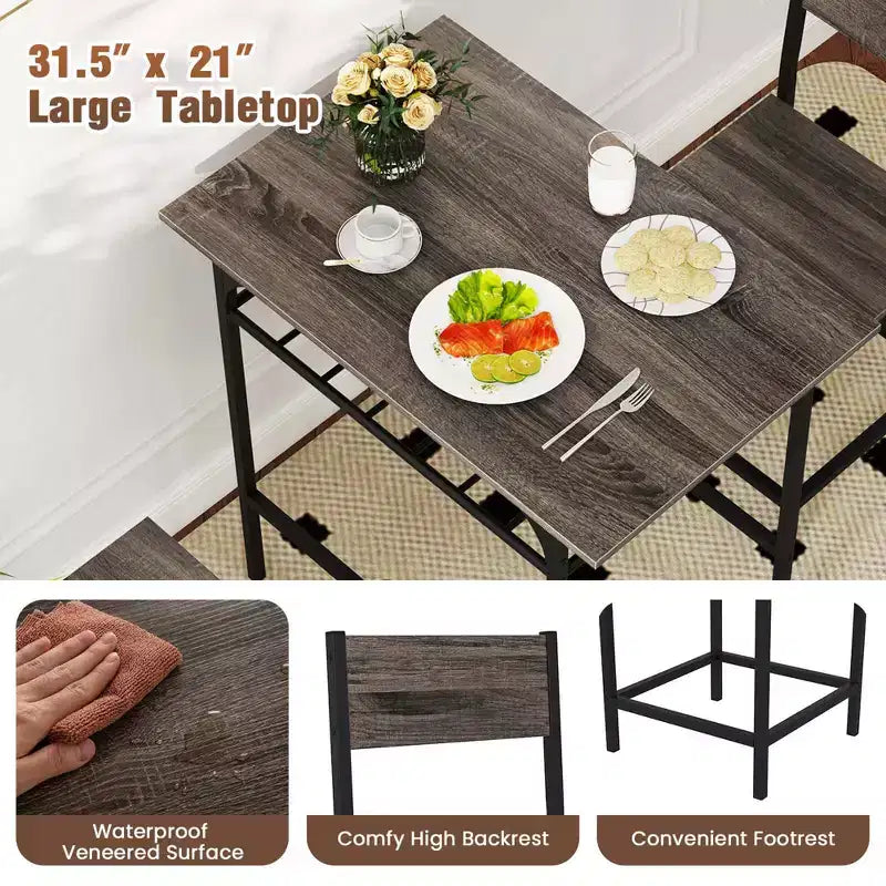 Costway Ensemble table et chaises de salle à manger rectangulaire 3 pièces en bois avec cadre en métal marron/gris