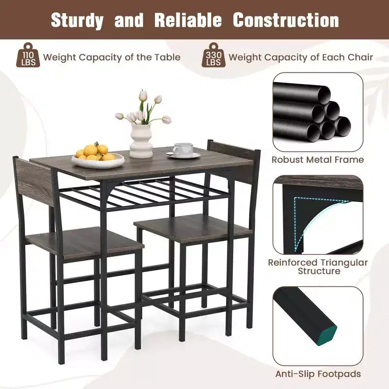 Costway Ensemble table et chaises de salle à manger rectangulaire 3 pièces en bois avec cadre en métal marron/gris