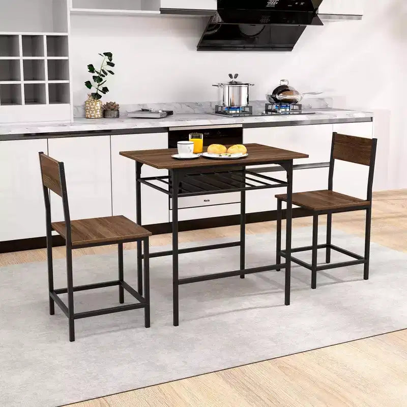 Costway Ensemble table et chaises de salle à manger rectangulaire 3 pièces en bois avec cadre en métal marron/gris