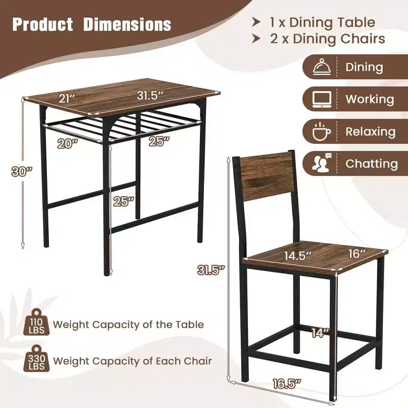 Costway Ensemble table et chaises de salle à manger rectangulaire 3 pièces en bois avec cadre en métal marron/gris