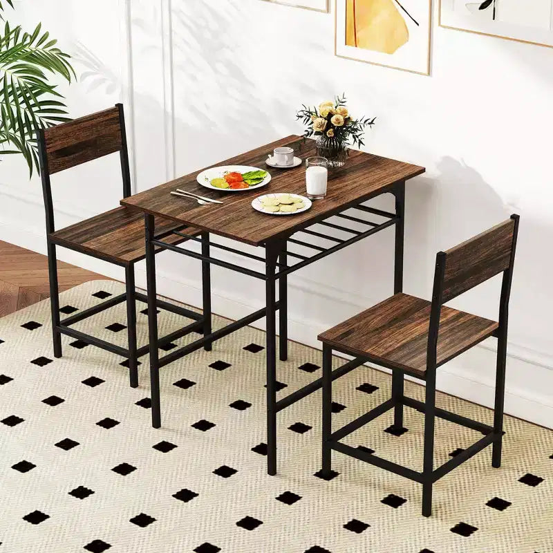 Costway Ensemble table et chaises de salle à manger rectangulaire 3 pièces en bois avec cadre en métal marron/gris