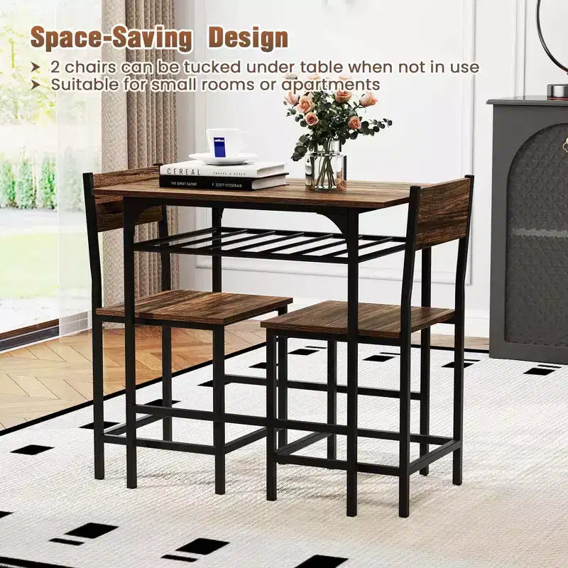 Costway Ensemble table et chaises de salle à manger rectangulaire 3 pièces en bois avec cadre en métal marron/gris