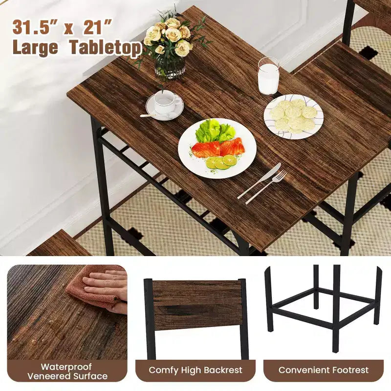 Costway Ensemble table et chaises de salle à manger rectangulaire 3 pièces en bois avec cadre en métal marron/gris