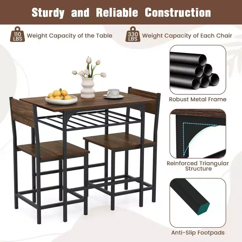 Costway Ensemble table et chaises de salle à manger rectangulaire 3 pièces en bois avec cadre en métal marron/gris
