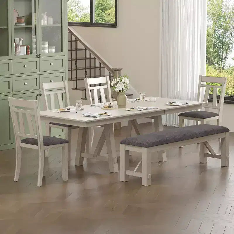 Ensemble de salle à manger extensible VECELO rustique 6 pièces, table en bois d'hévéa avec 4 chaises de salle à manger rembourrées sans accoudoirs et banc pour cuisine, gris