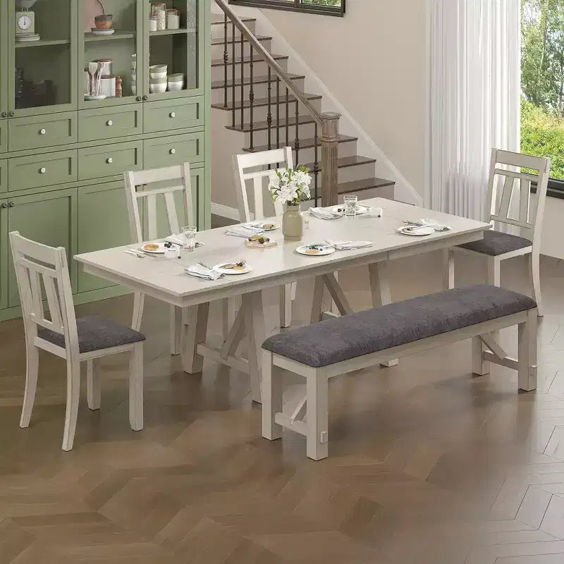 Ensemble de salle à manger extensible VECELO rustique 6 pièces, table en bois d'hévéa avec 4 chaises de salle à manger rembourrées sans accoudoirs et banc pour cuisine, gris